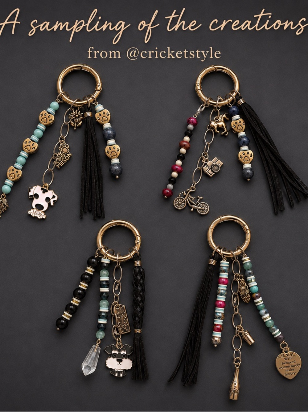 Handcrafted Bag Charm/Key Rings in Gold &Silver Designs: find them in my closet!